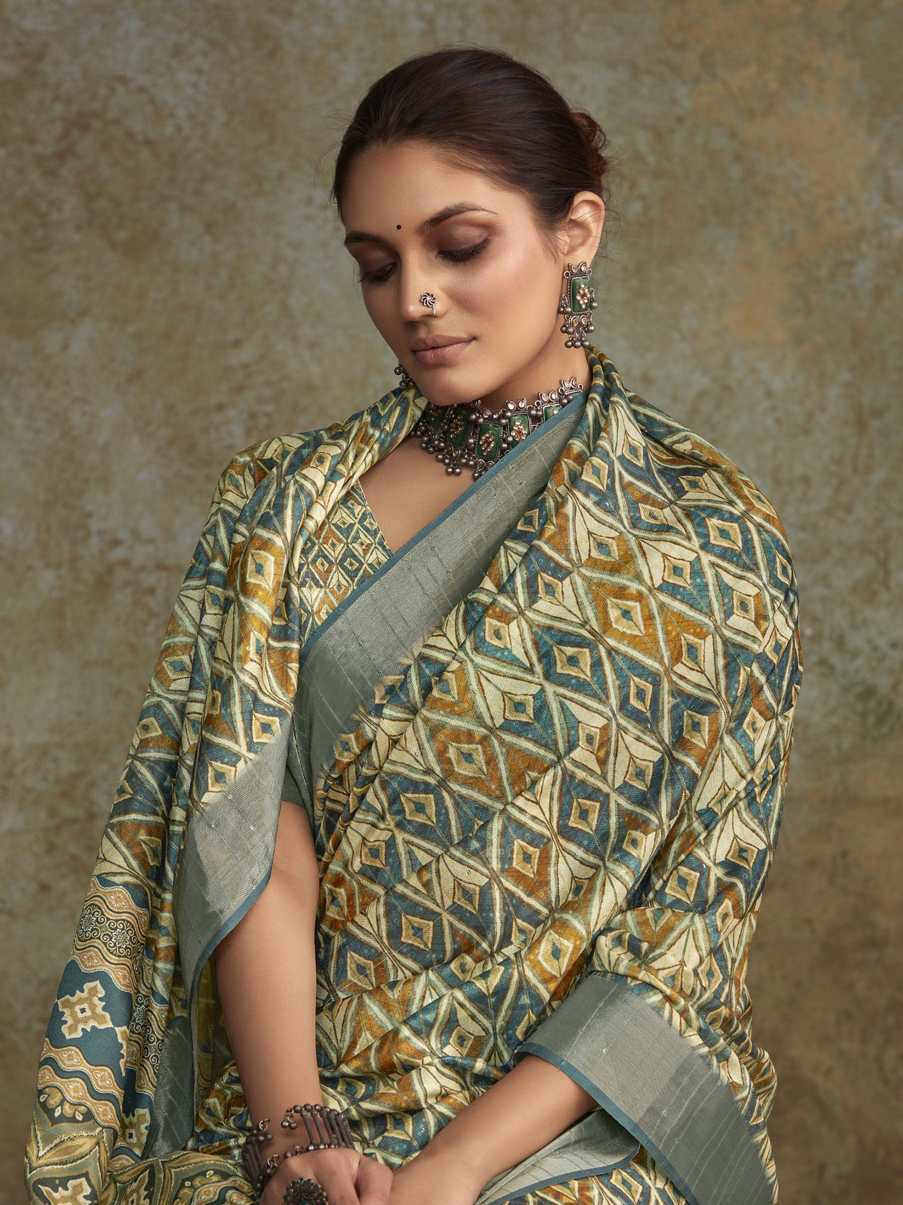 Awesome Cream Digital Printed Silk Traditional Saree With Blouse