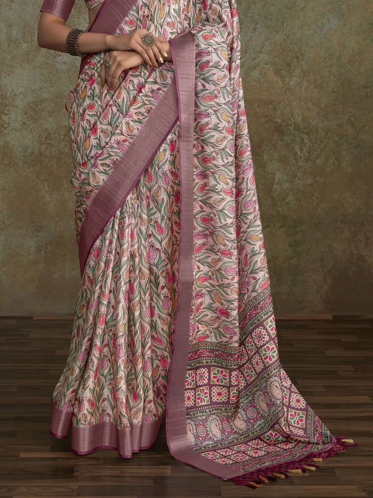 Amazing Pink Digital Printed Silk Festival Wear Saree With Blouse