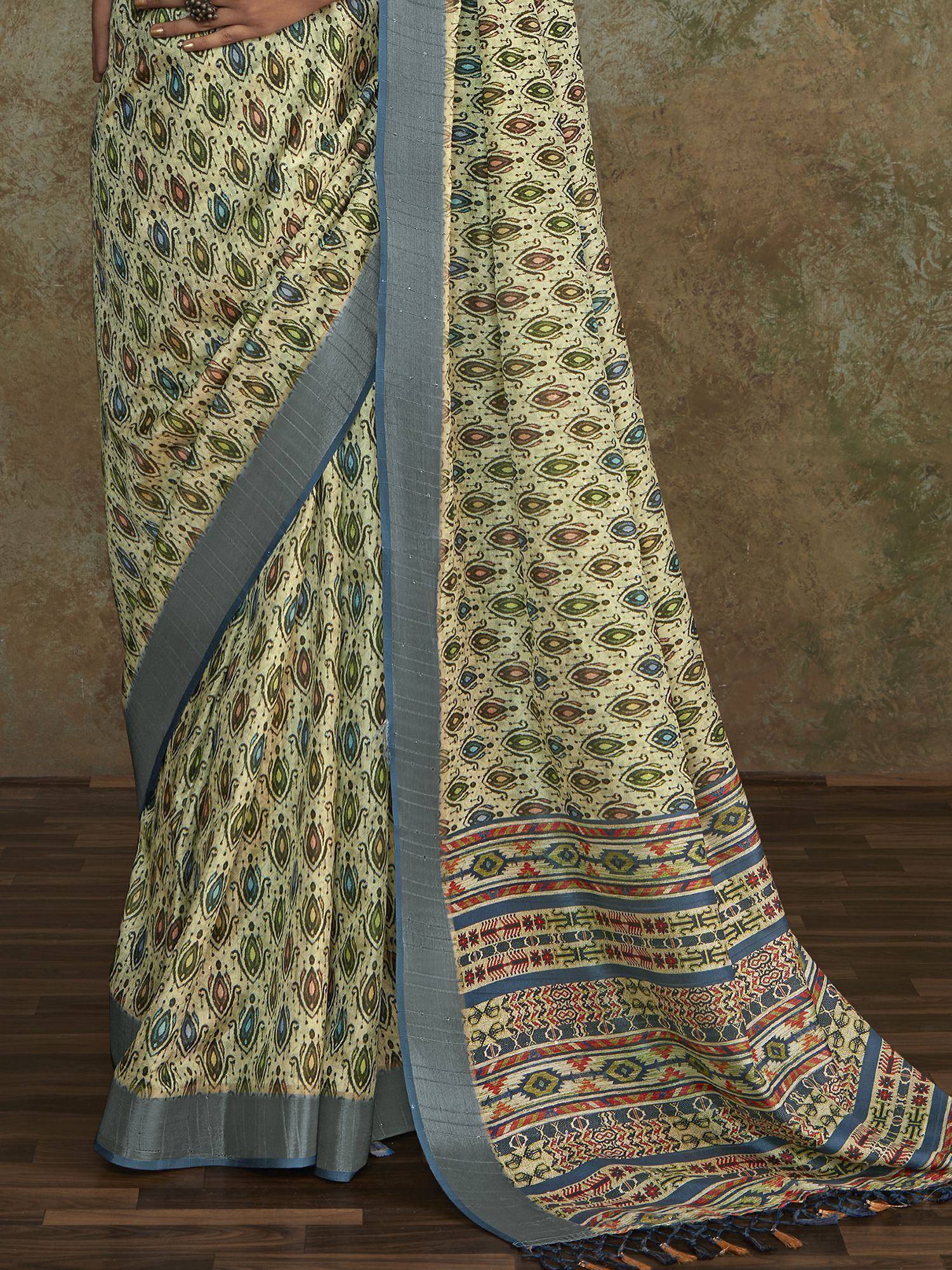 Cream saree with colorful peacock motifs and grey border, Indian ethnic wear