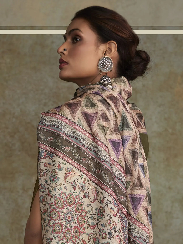Beautiful Off-White Digital Printed Silk Function Wear Saree With Blouse