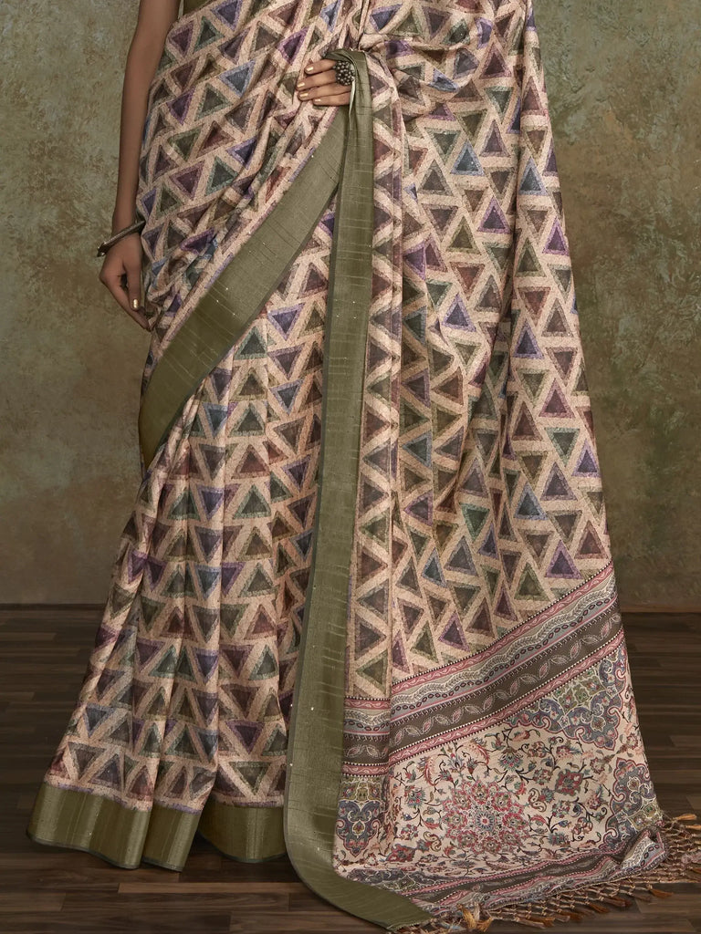 Beautiful Off-White Digital Printed Silk Function Wear Saree With Blouse