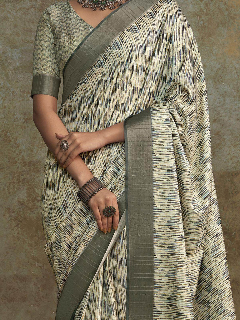 Stunning Off-White Digital Printed Silk Traditional Saree With Blouse