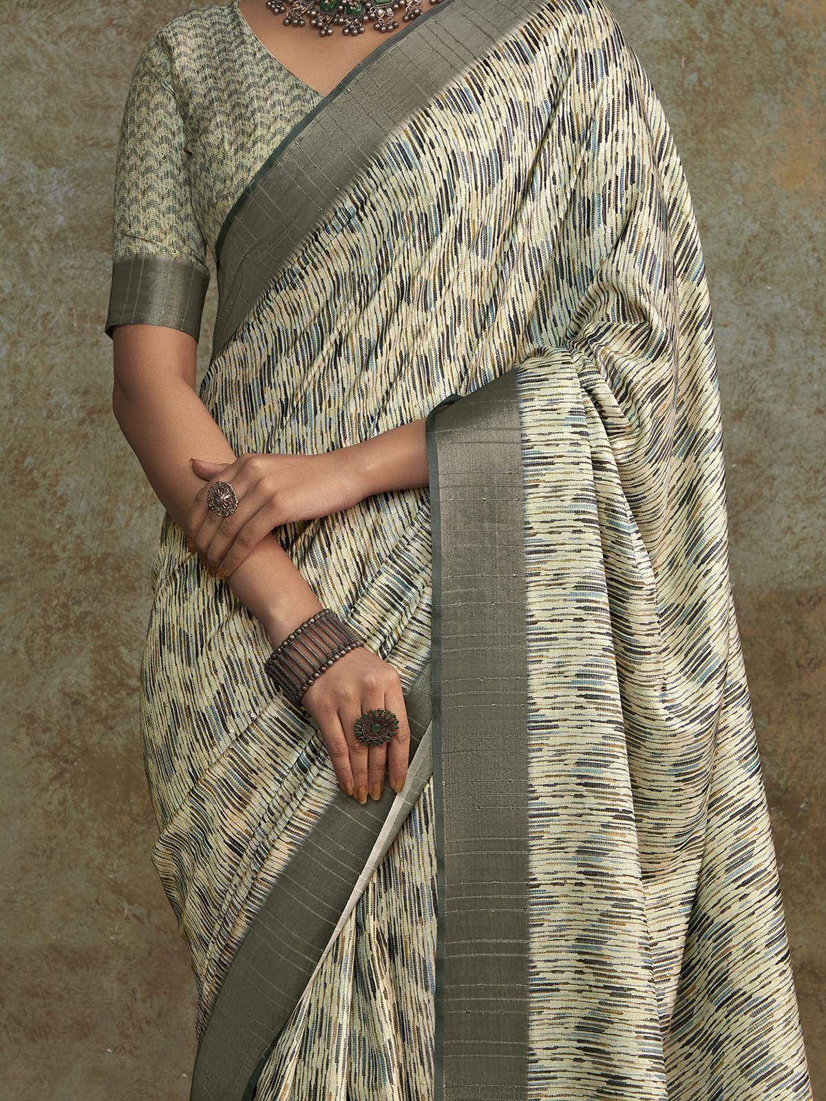 Stunning Off-White Digital Printed Silk Traditional Saree With Blouse
