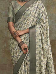 Stunning Off-White Digital Printed Silk Traditional Saree With Blouse