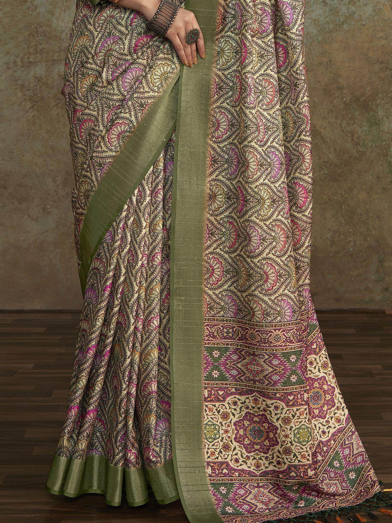 Alluring Sea Green Digital Printed Silk Festival Wear Saree With Blouse