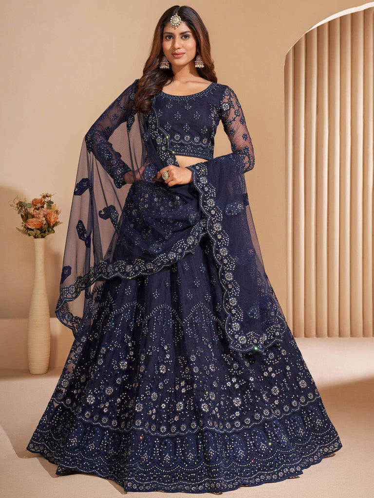 Breathtaking Navy Blue Thread Embroidered Net Wedding Wear Lehenga Choli