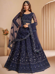 Breathtaking Navy Blue Thread Embroidered Net Wedding Wear Lehenga Choli