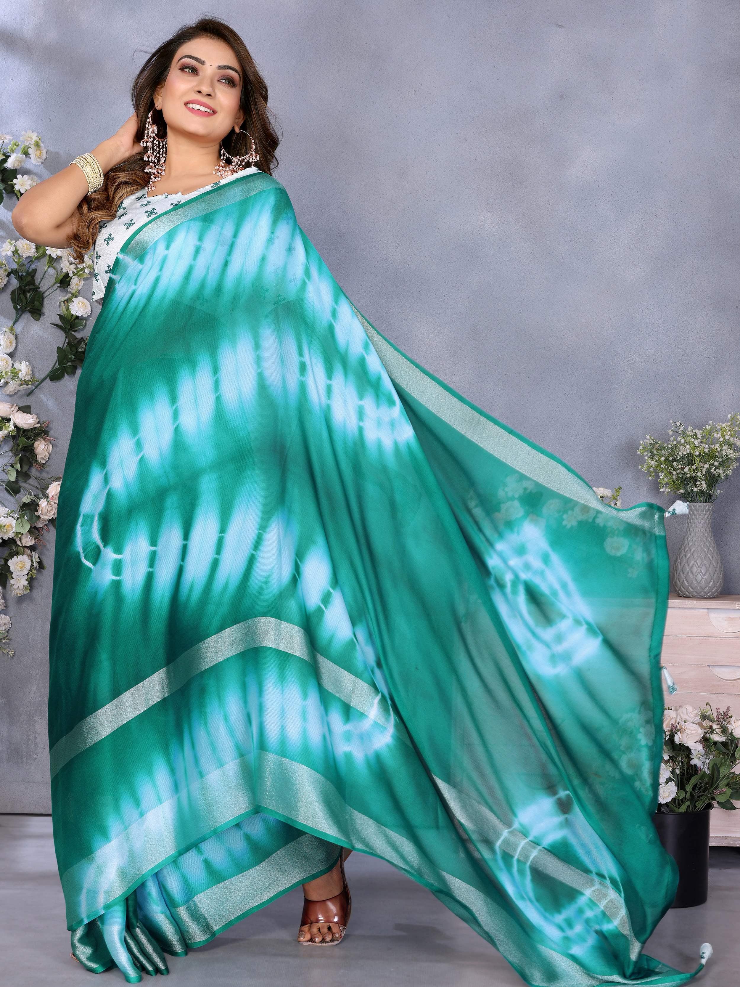 Tantalizing Rama Green Chiffon Ombre Shaded Saree