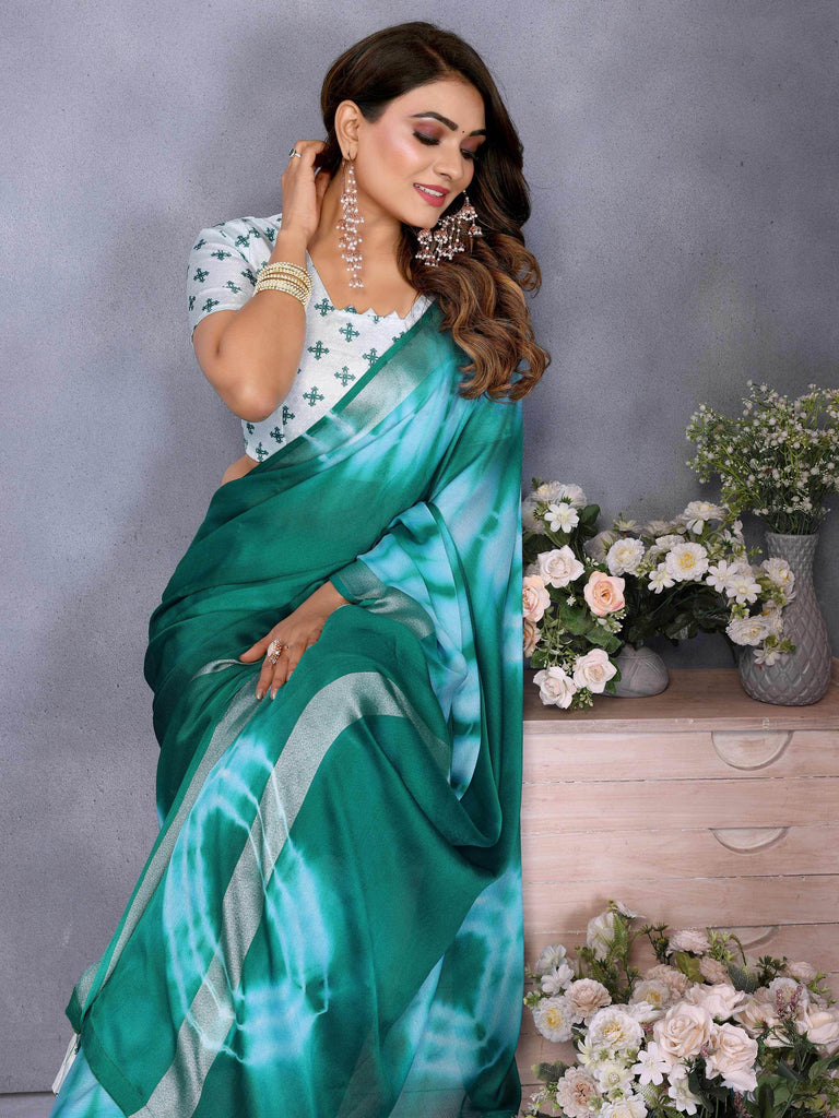 Tantalizing Rama Green Chiffon Ombre Shaded Saree