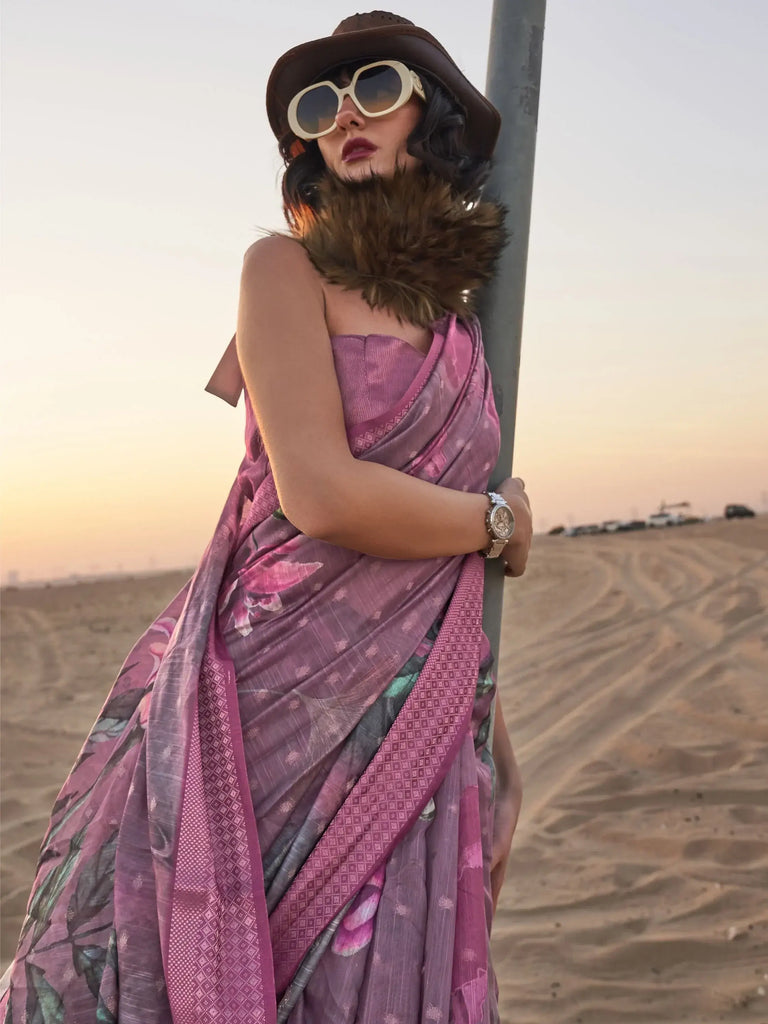 Precious Mauve Printed Linen Festival Wear Saree With Blouse