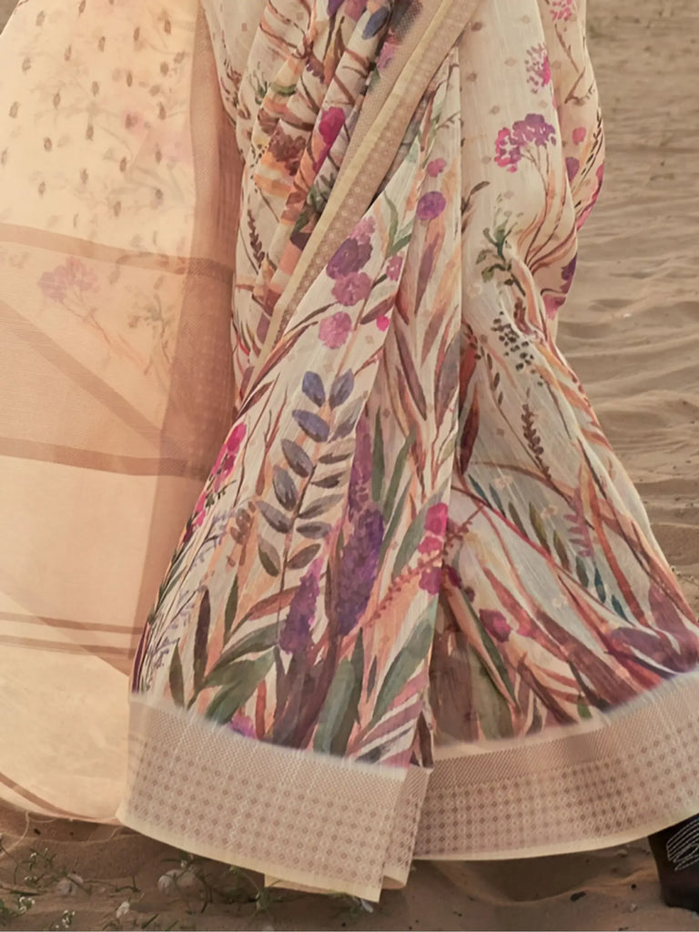 Gorgeous Cream Color Printed Linen Festival Wear Saree With Blouse