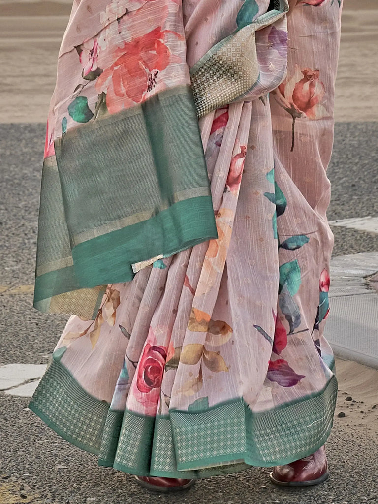 Precious Pink Color Printed Linen Event Wear Saree With Blouse