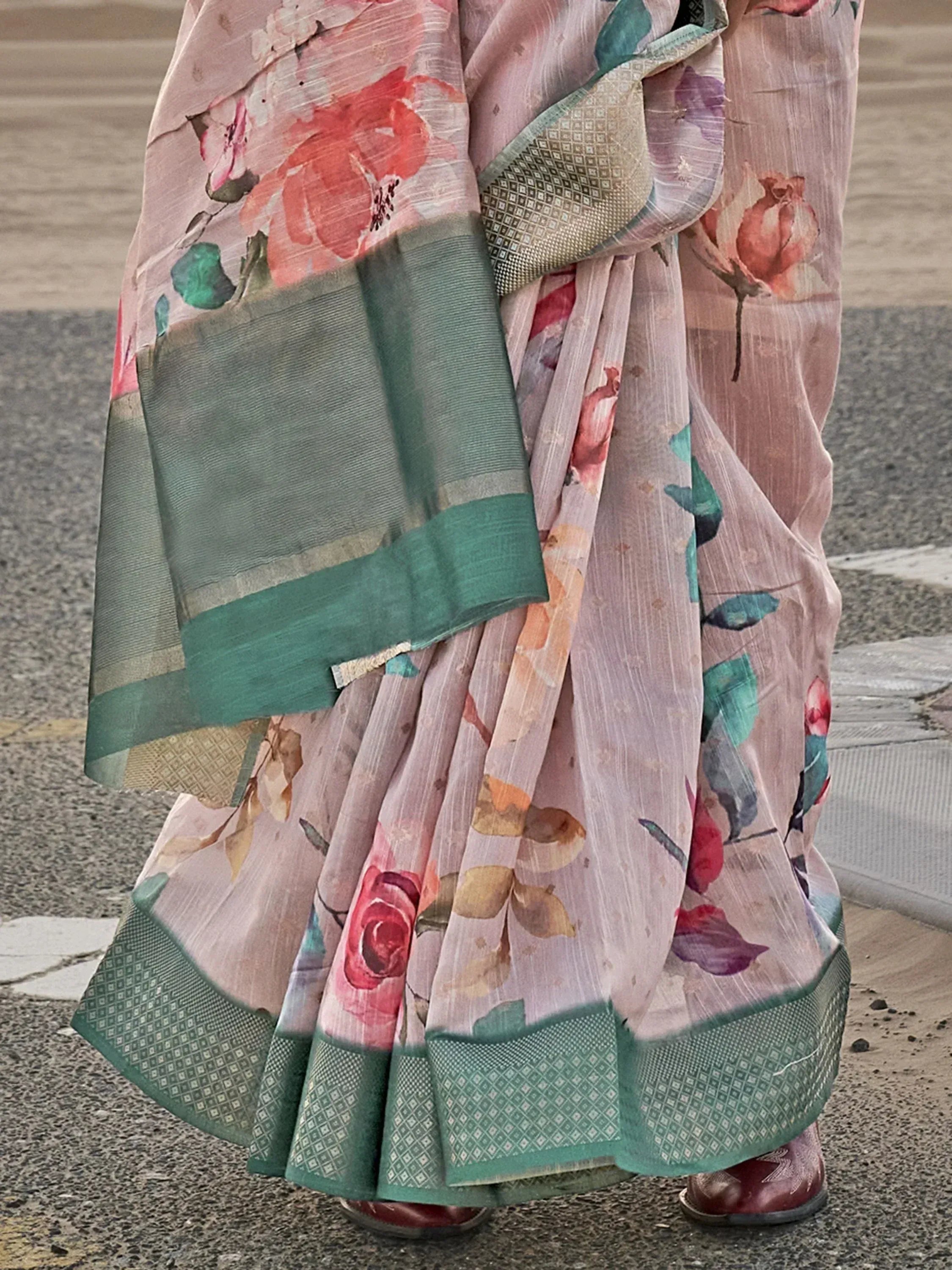 Pink floral print saree with green border, Indian ethnic wear