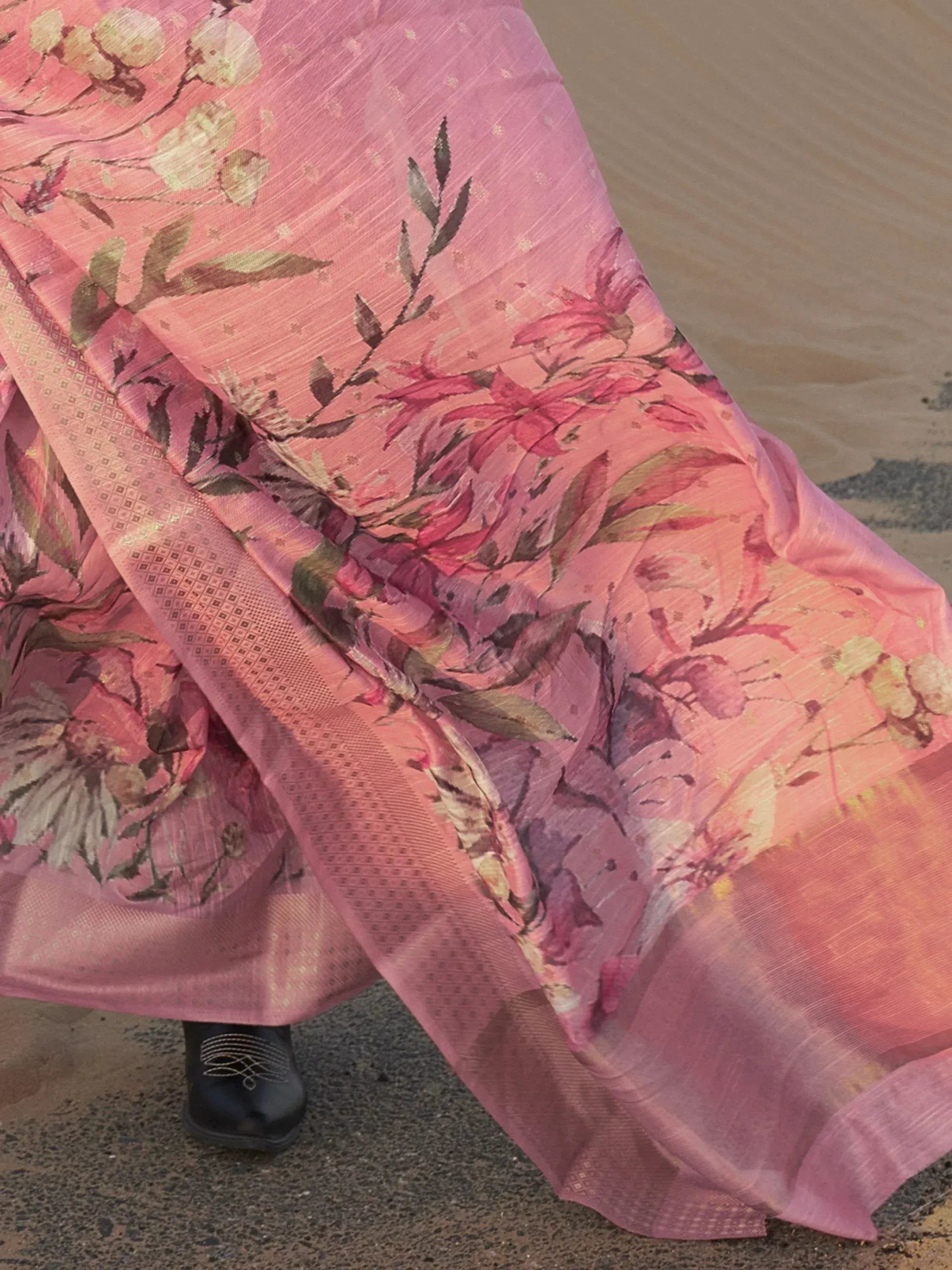 Pink floral printed saree with golden border, ethnic Indian wear