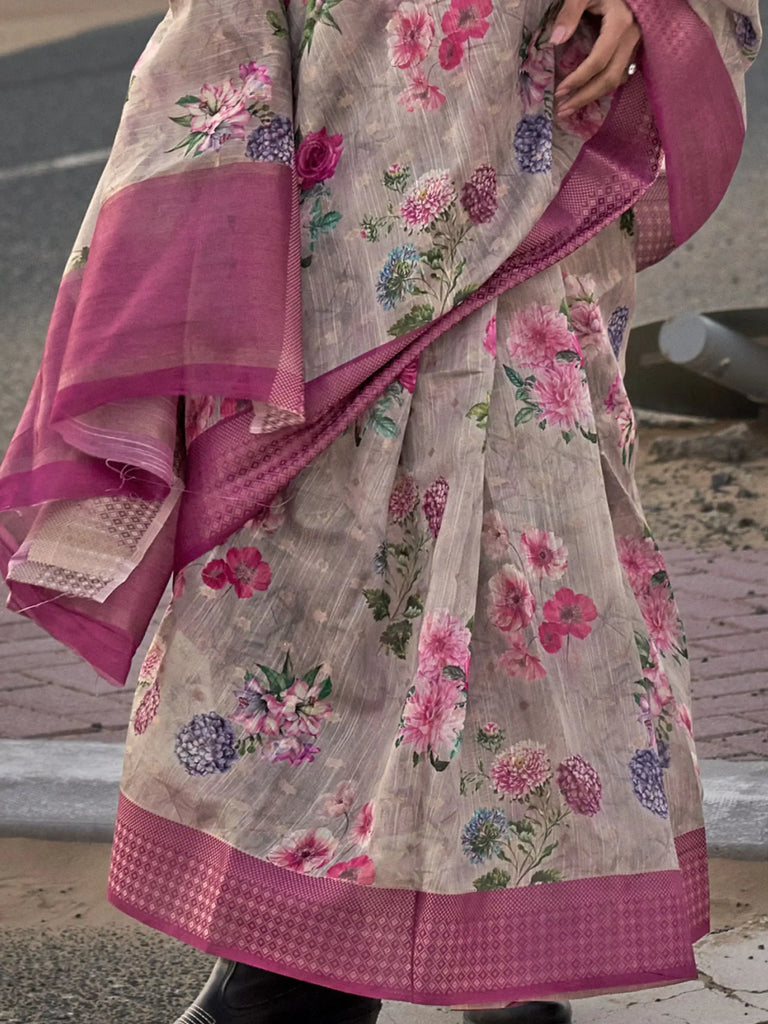 Endearing Grey Printed Linen Event Wear Saree With Blouse