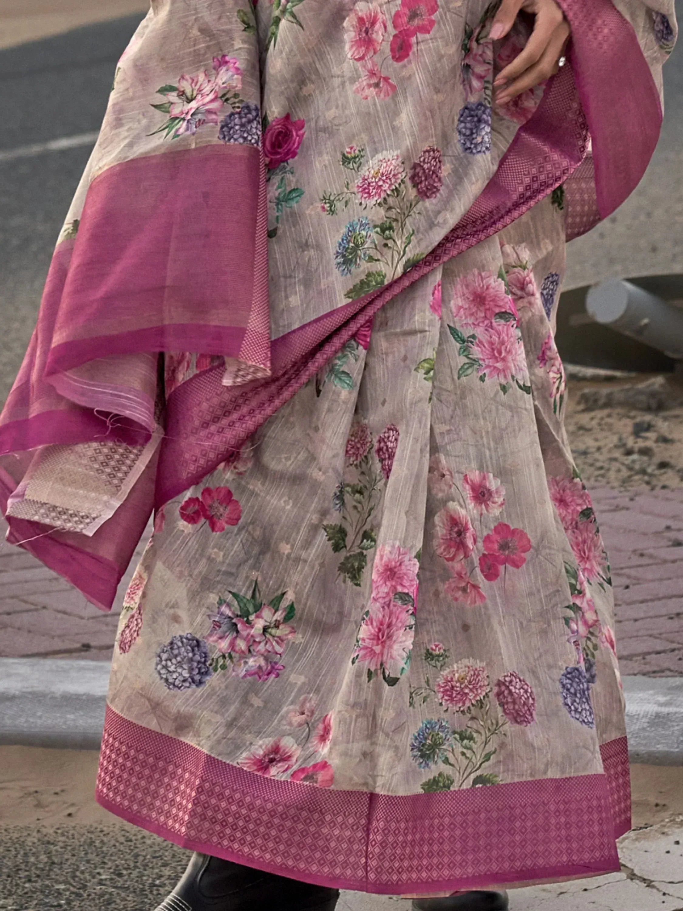 Floral printed saree with pink border, ethnic Indian wear for women