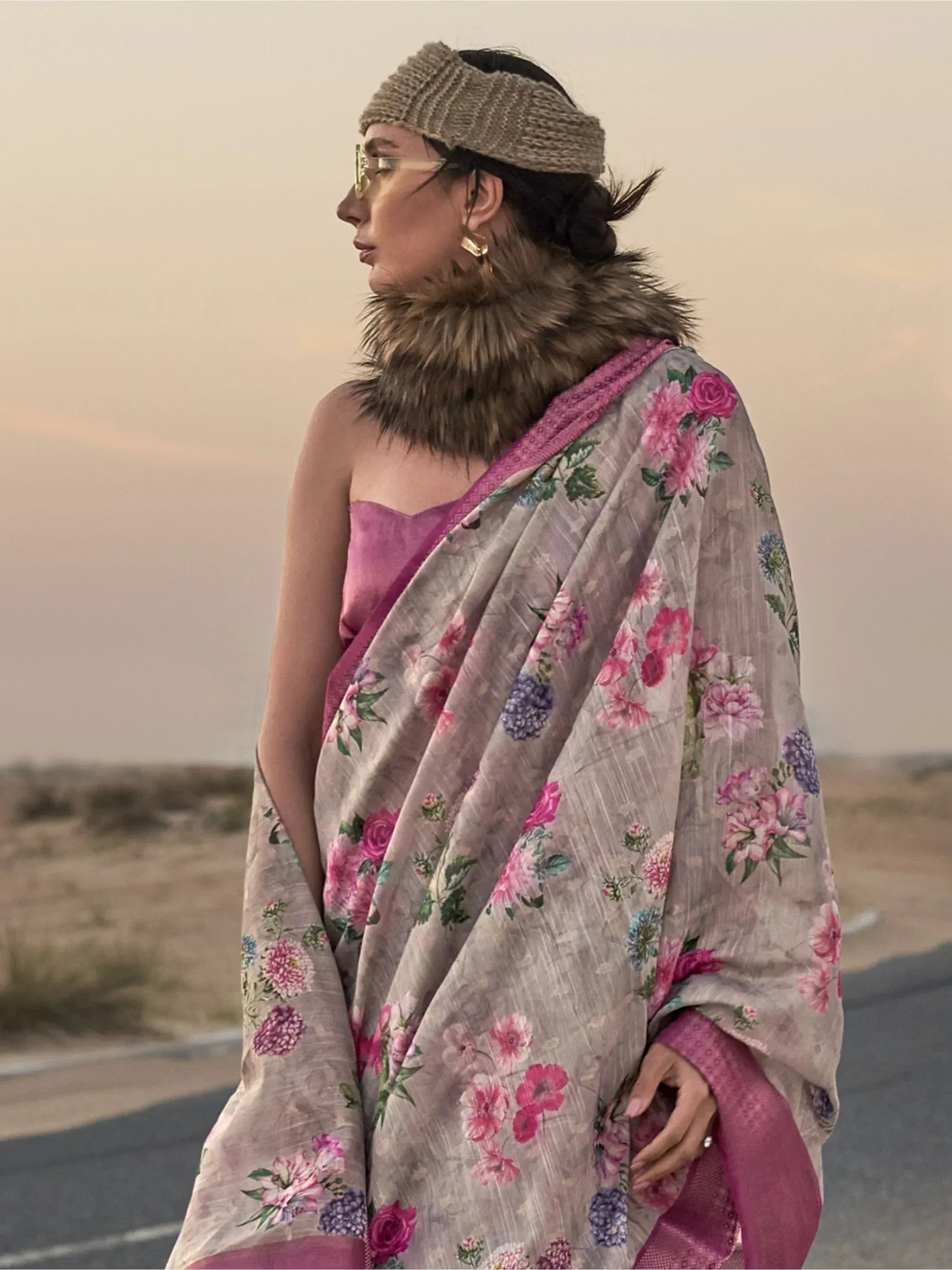 Woman in floral printed saree with fur stole, ethnic wear for women, stylish Indian fashion