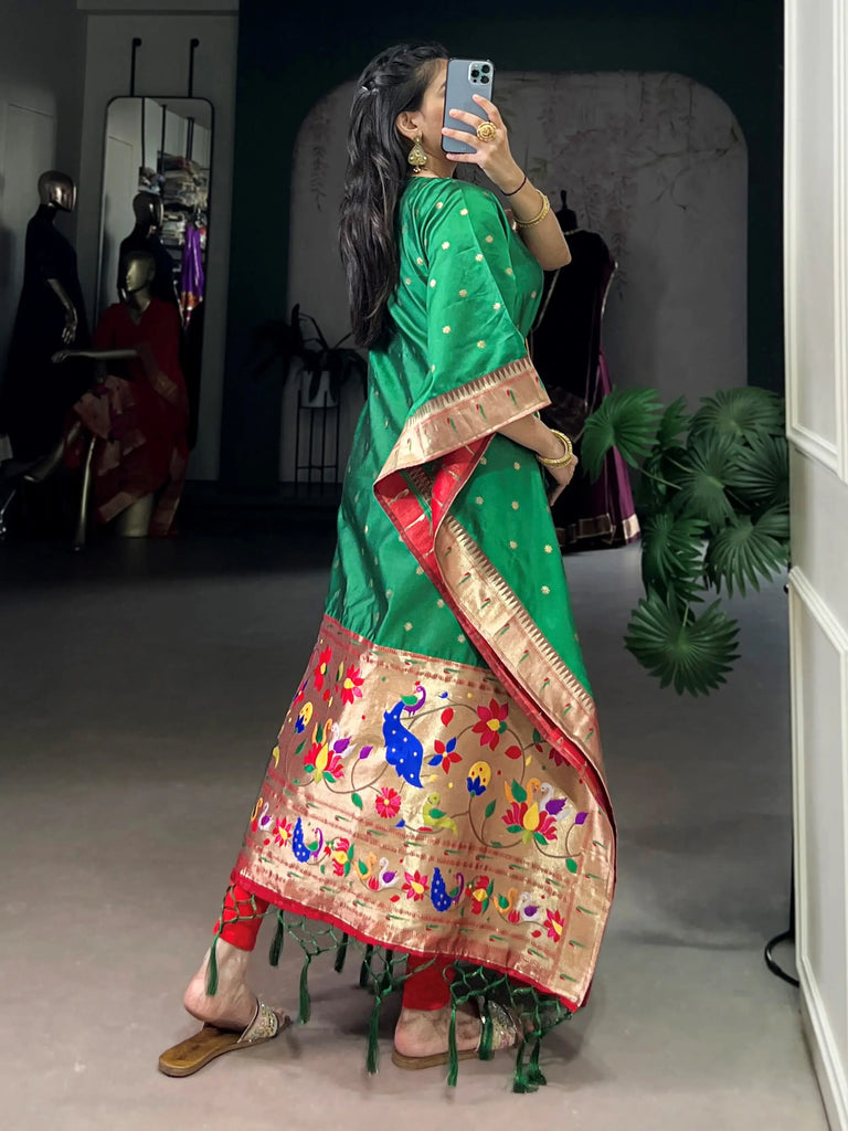 Fantastic Green Zari Weaving jacquard Festive Wear Kaftan