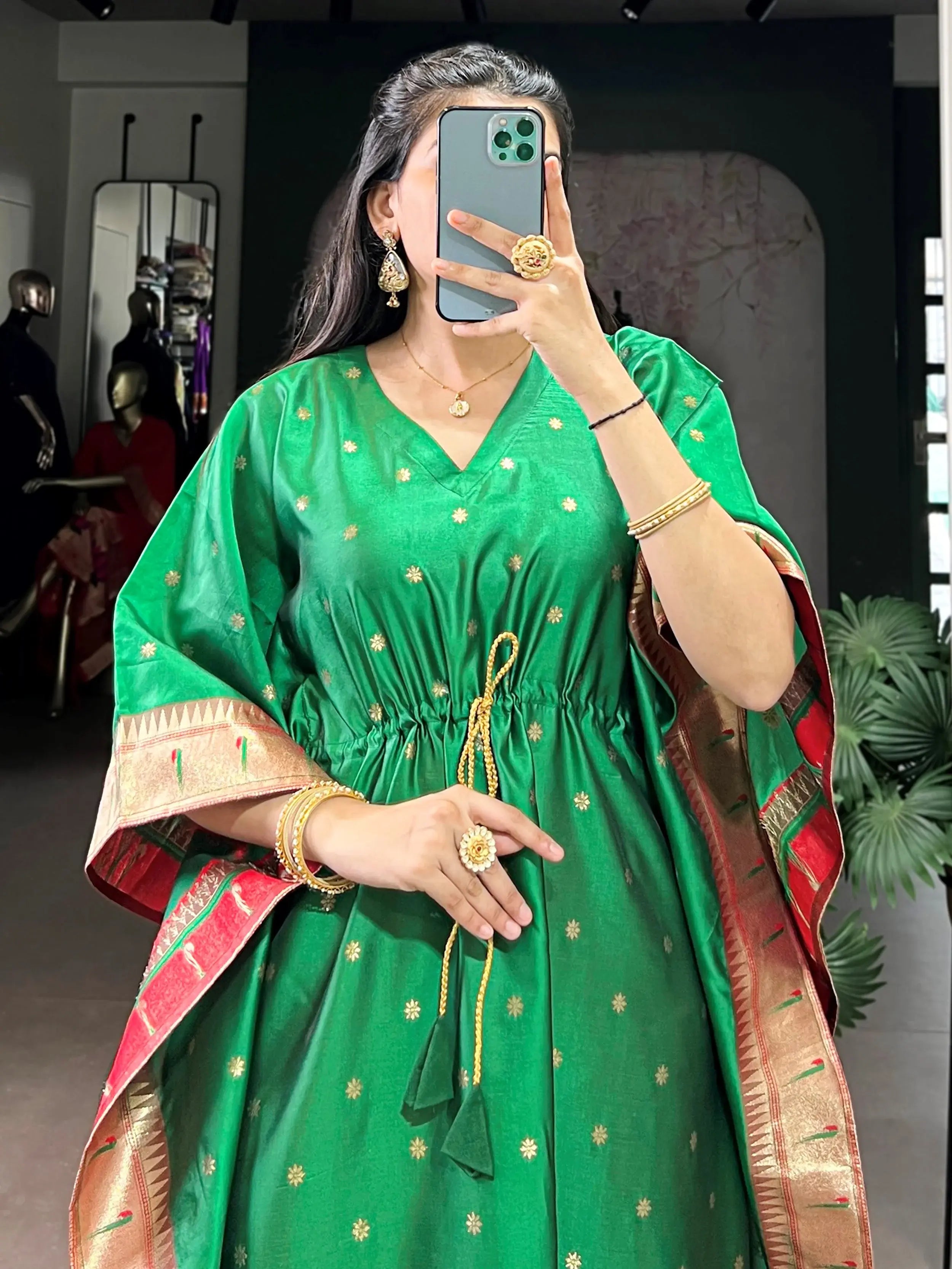 Fantastic Green Zari Weaving jacquard Festive Wear Kaftan