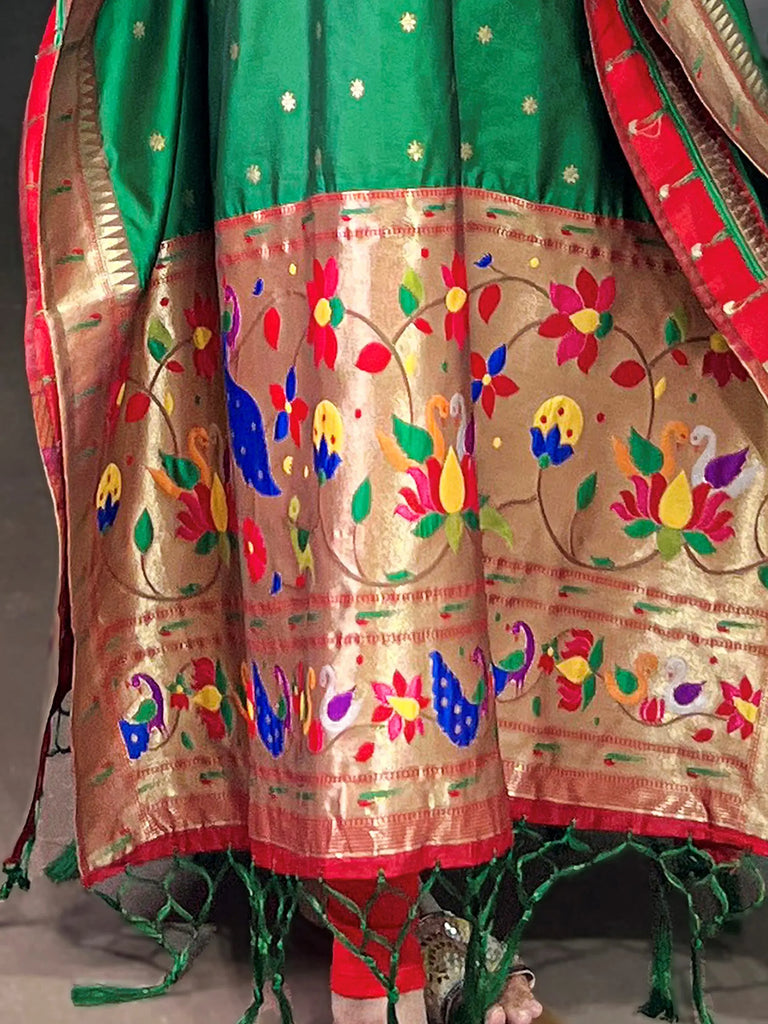 Fantastic Green Zari Weaving jacquard Festive Wear Kaftan