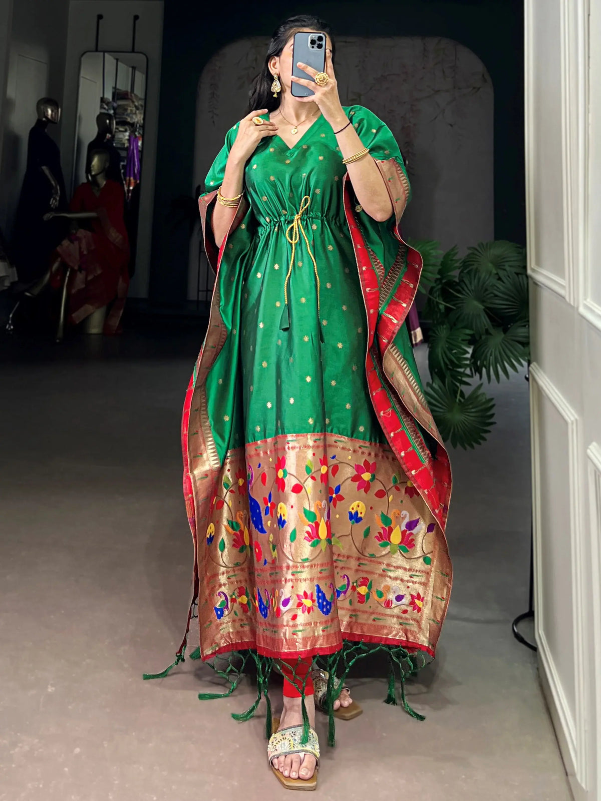 Fantastic Green Zari Weaving jacquard Festive Wear Kaftan