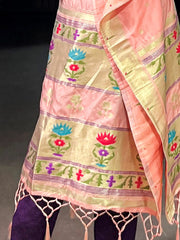 Adorable Peach Zari Weaving jacquard Function Wear Kaftan