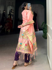 Adorable Peach Zari Weaving jacquard Function Wear Kaftan