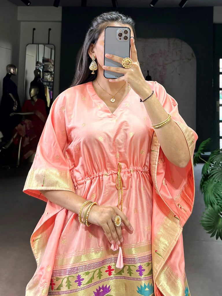 Adorable Peach Zari Weaving jacquard Function Wear Kaftan