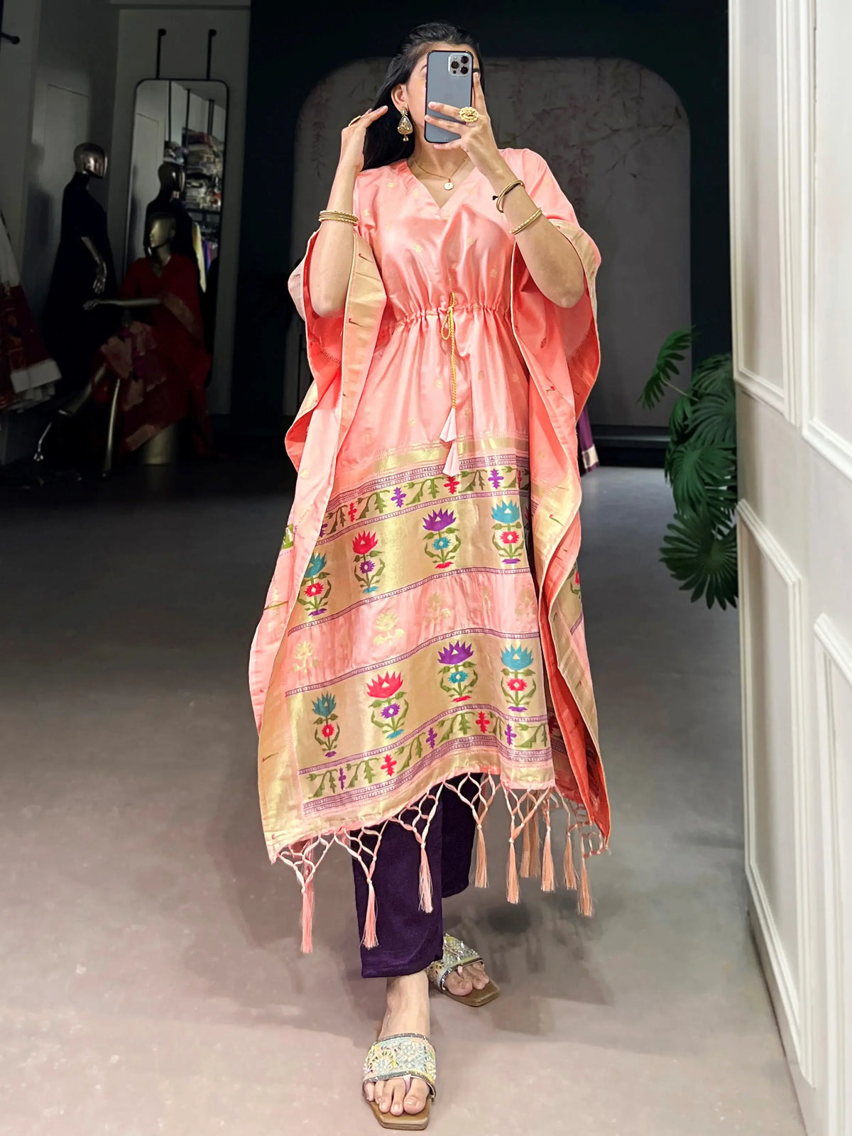 Adorable Peach Zari Weaving jacquard Function Wear Kaftan