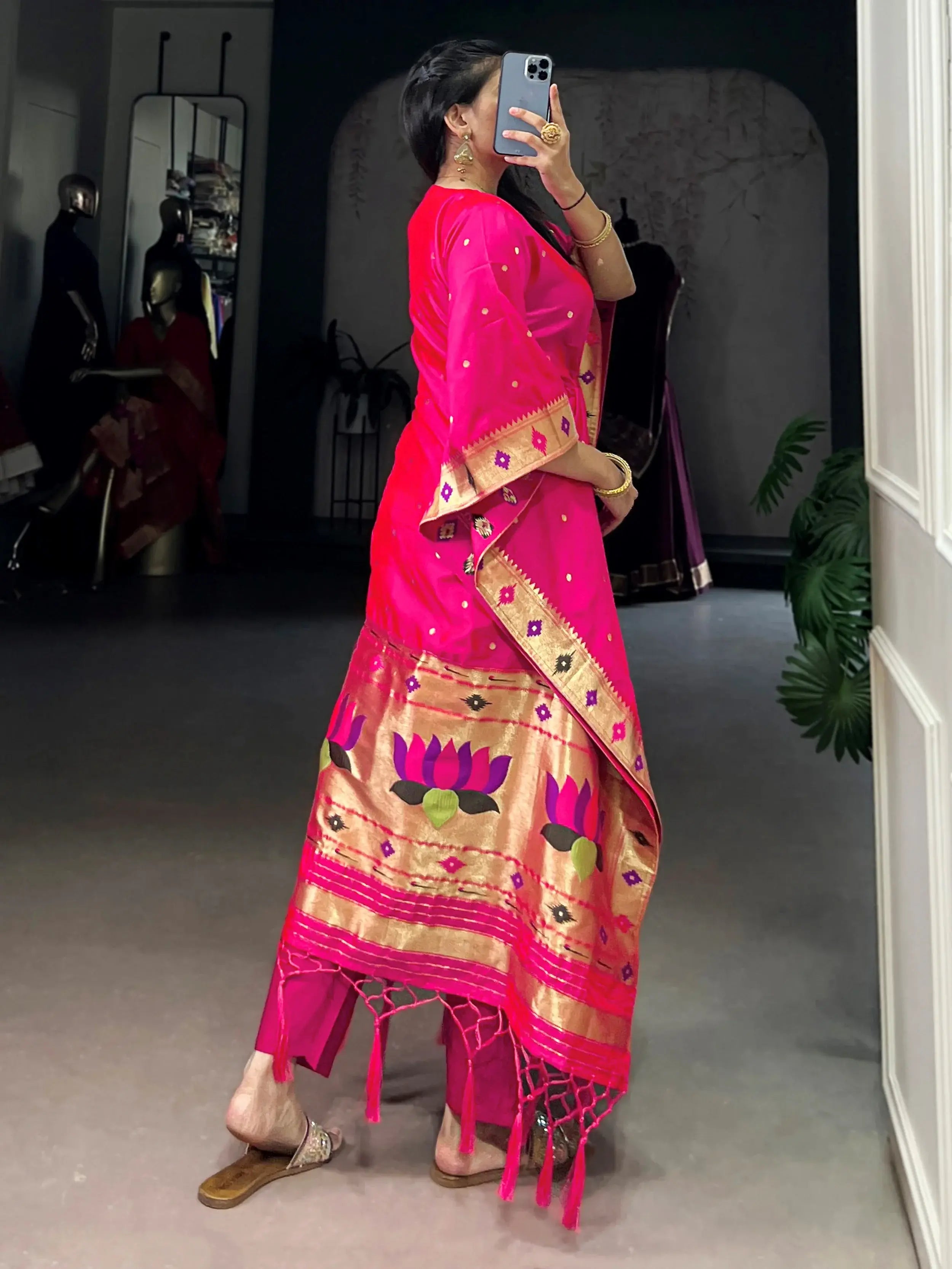 Sparkling Pink Zari Weaving jacquard Function Wear Kaftan