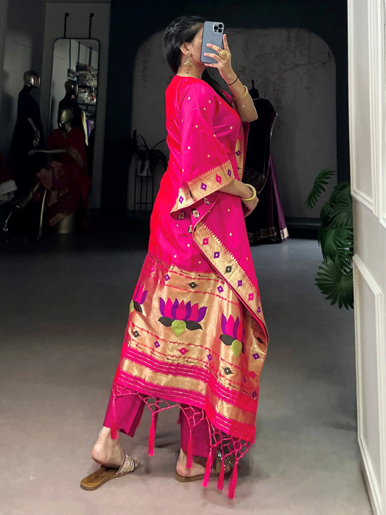 Sparkling Pink Zari Weaving jacquard Function Wear Kaftan