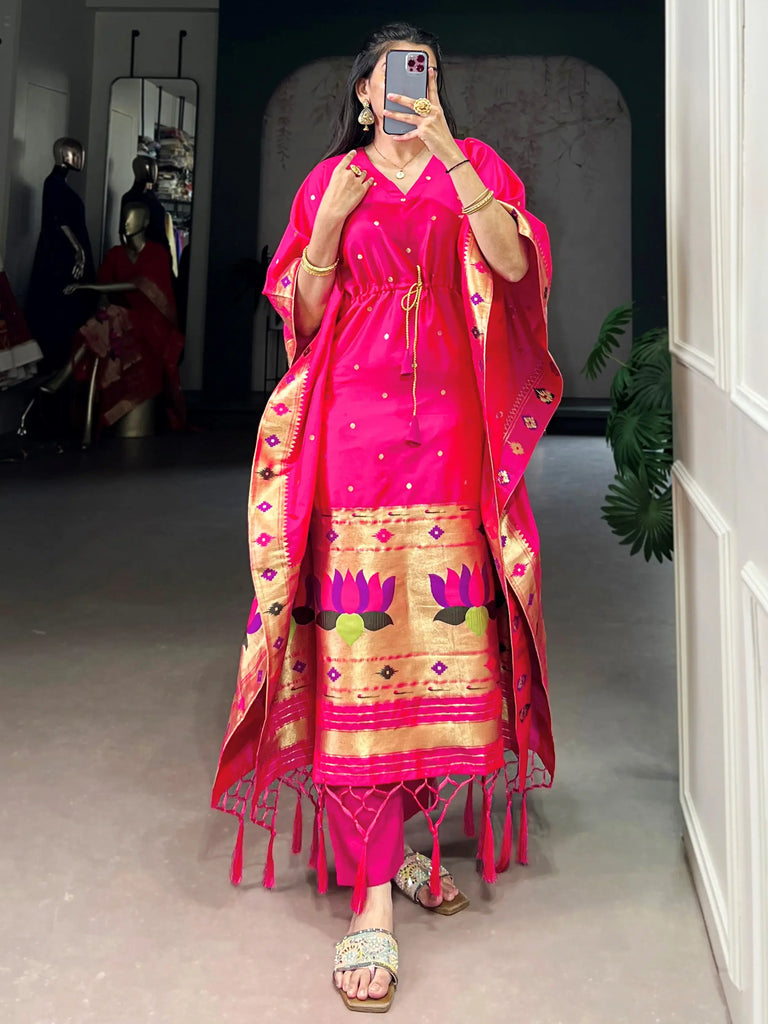 Sparkling Pink Zari Weaving jacquard Function Wear Kaftan