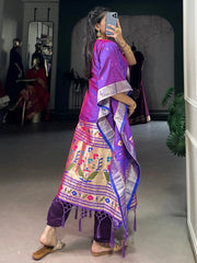 Glowing Purple Zari Weaving jacquard Festive Wear Kaftan