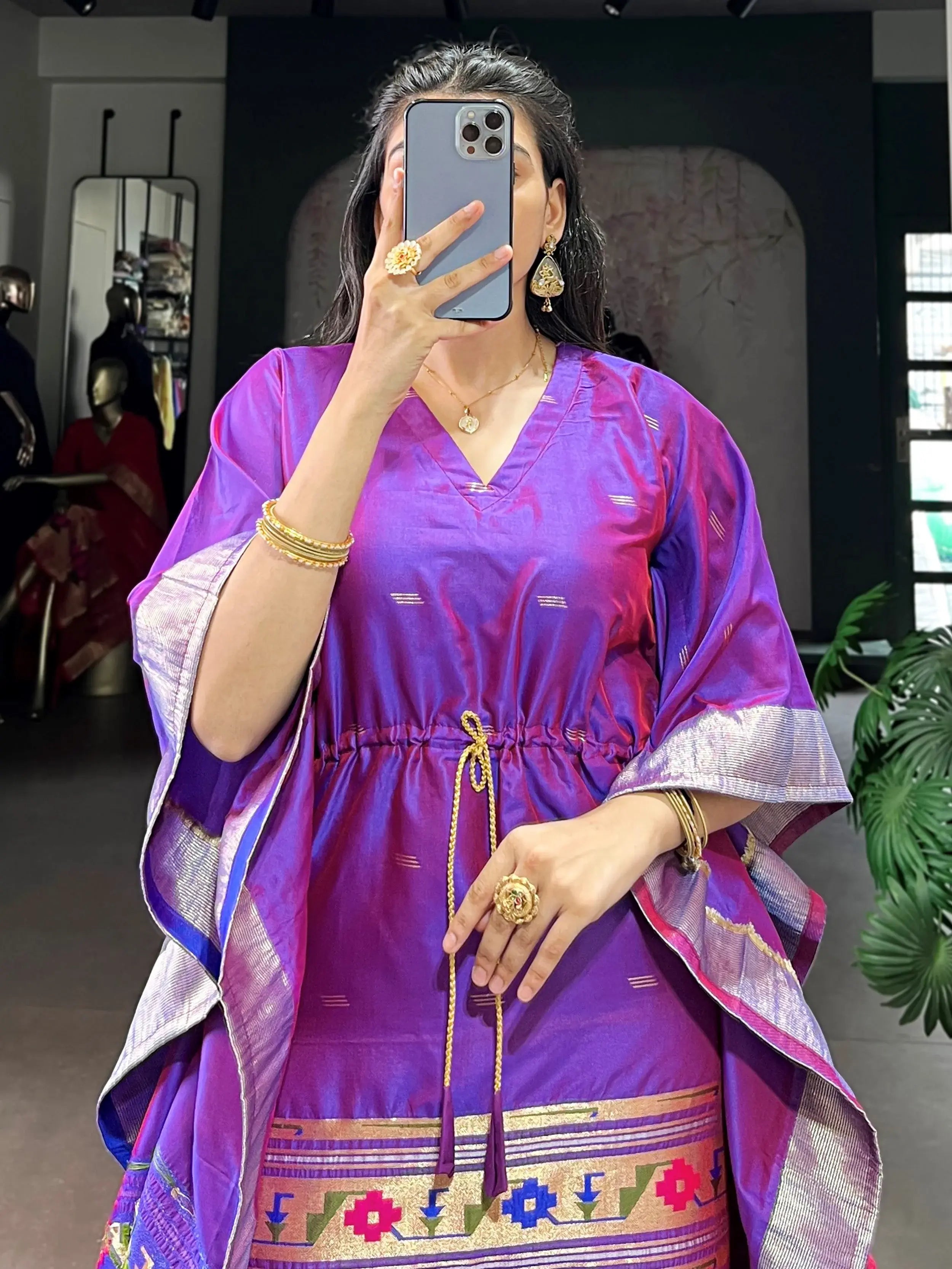 Glowing Purple Zari Weaving jacquard Festive Wear Kaftan
