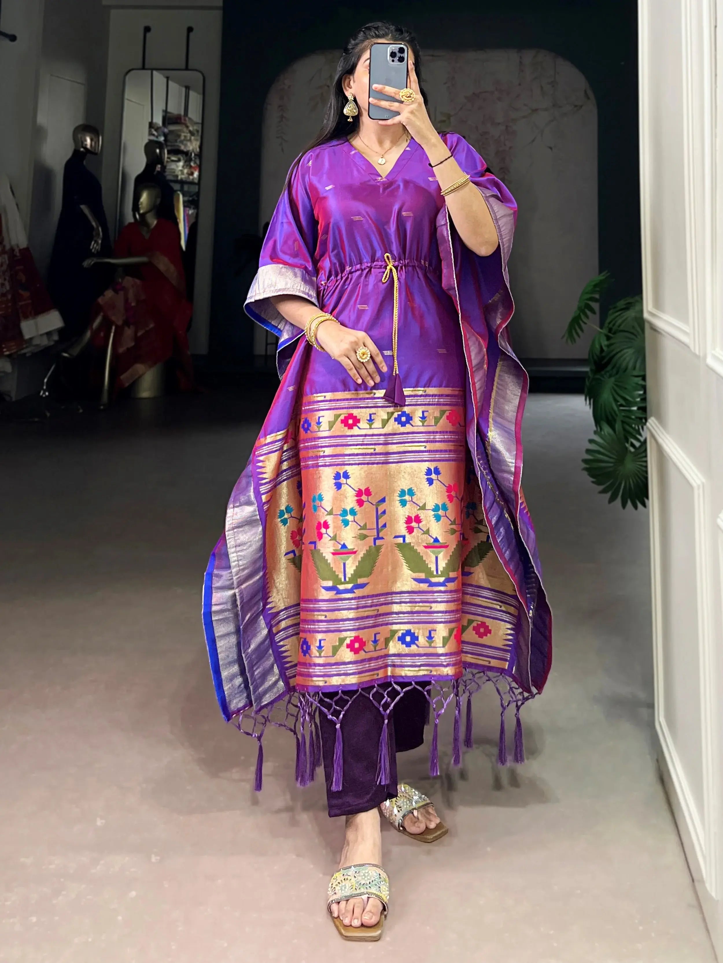 Glowing Purple Zari Weaving jacquard Festive Wear Kaftan
