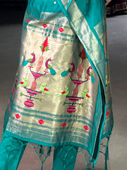 Great Teal Green Zari Weaving jacquard Festival Wear Kaftan