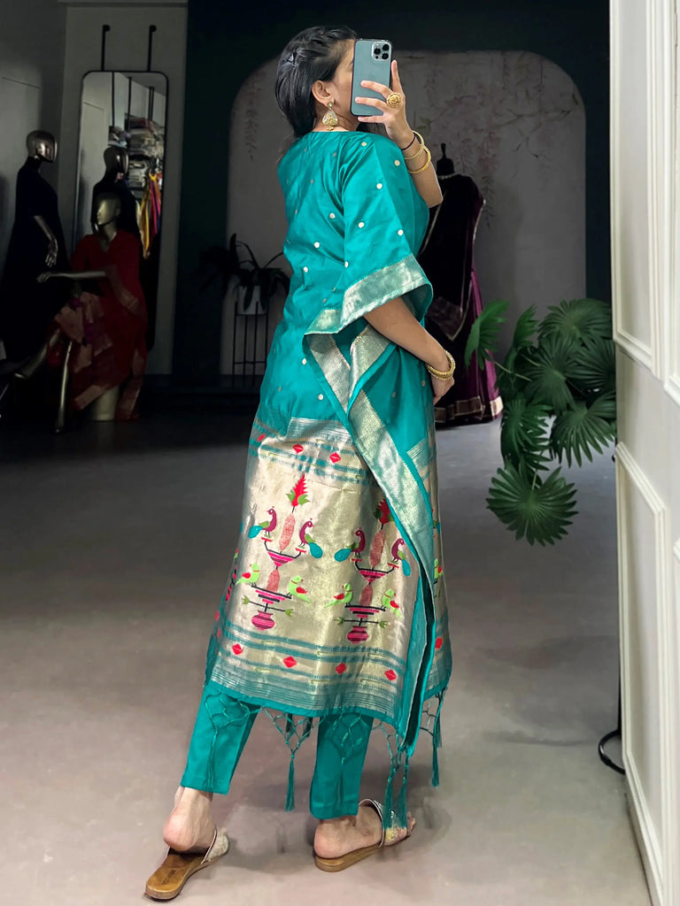 Great Teal Green Zari Weaving jacquard Festival Wear Kaftan