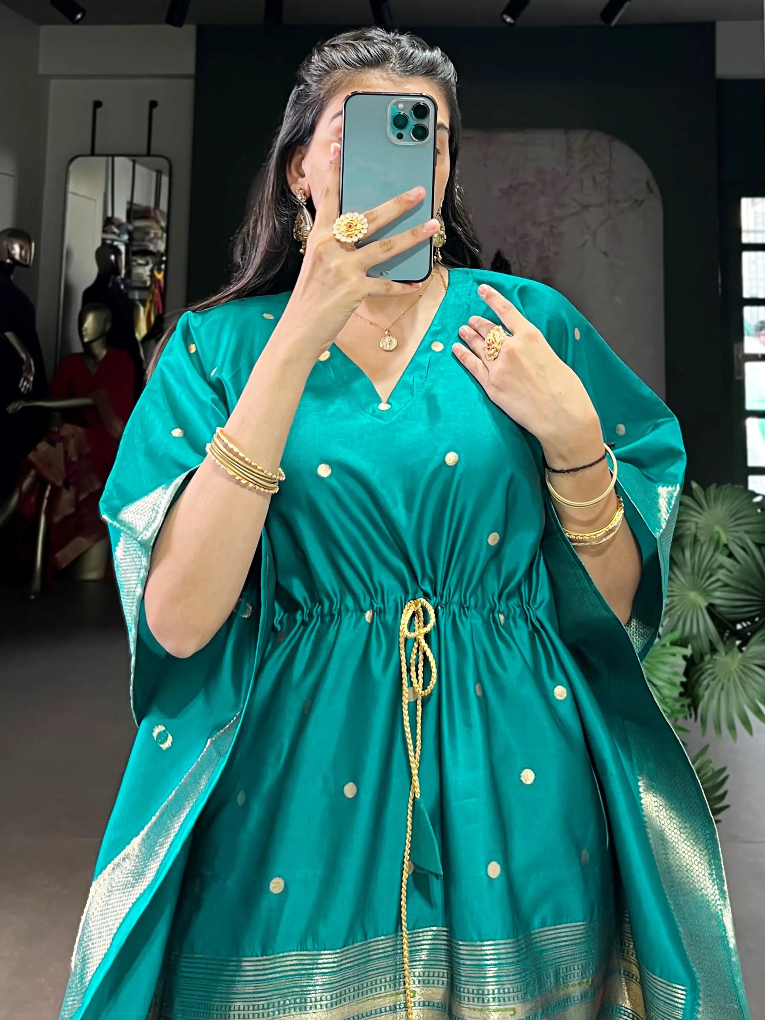 Great Teal Green Zari Weaving jacquard Festival Wear Kaftan