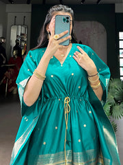 Great Teal Green Zari Weaving jacquard Festival Wear Kaftan