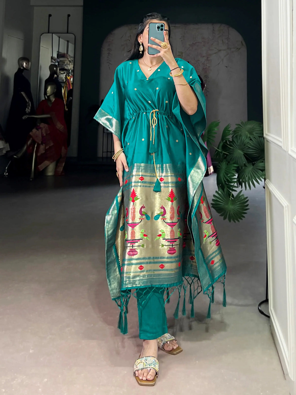 Great Teal Green Zari Weaving jacquard Festival Wear Kaftan