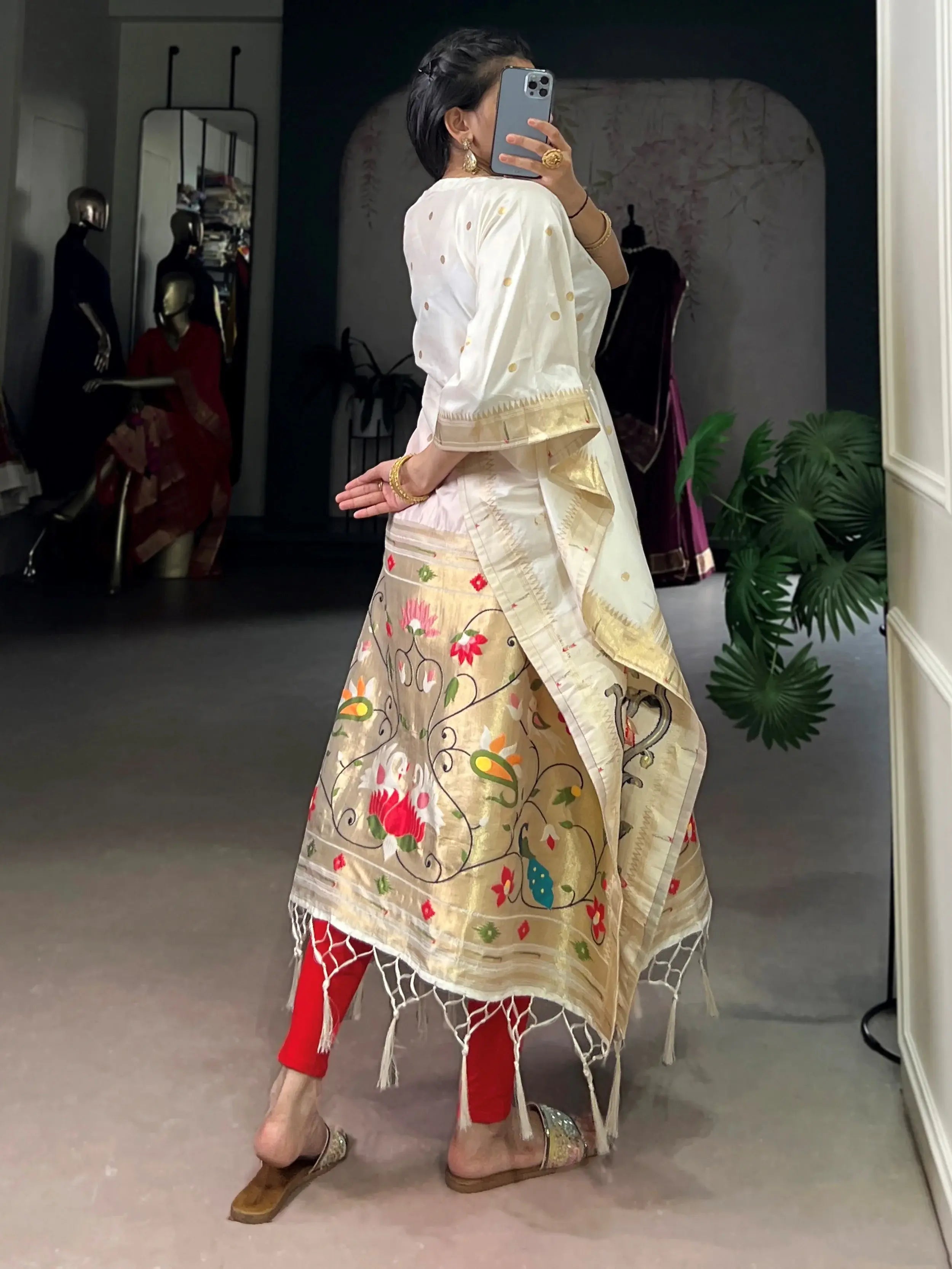 Fabulous White Zari Weaving jacquard Festive Wear Kaftan