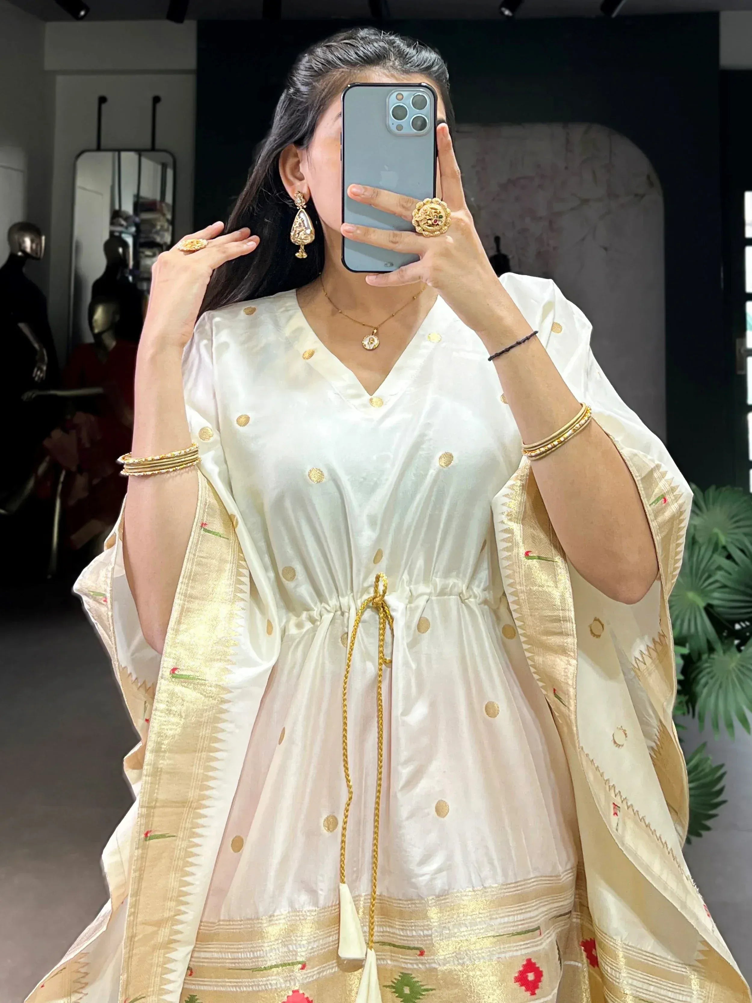 Fabulous White Zari Weaving jacquard Festive Wear Kaftan