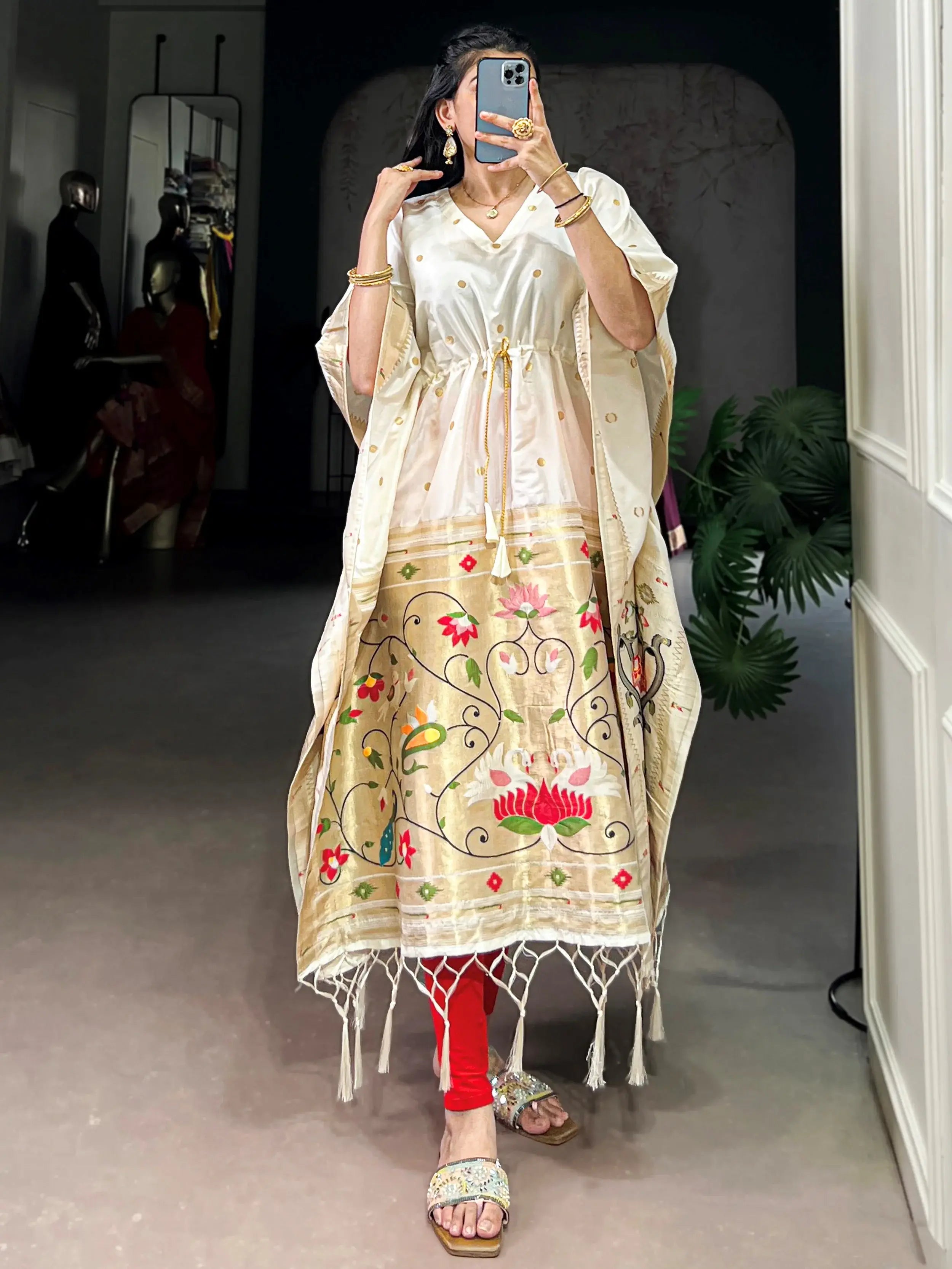 Fabulous White Zari Weaving jacquard Festive Wear Kaftan