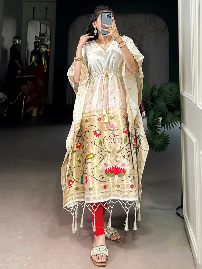 Fabulous White Zari Weaving jacquard Festive Wear Kaftan