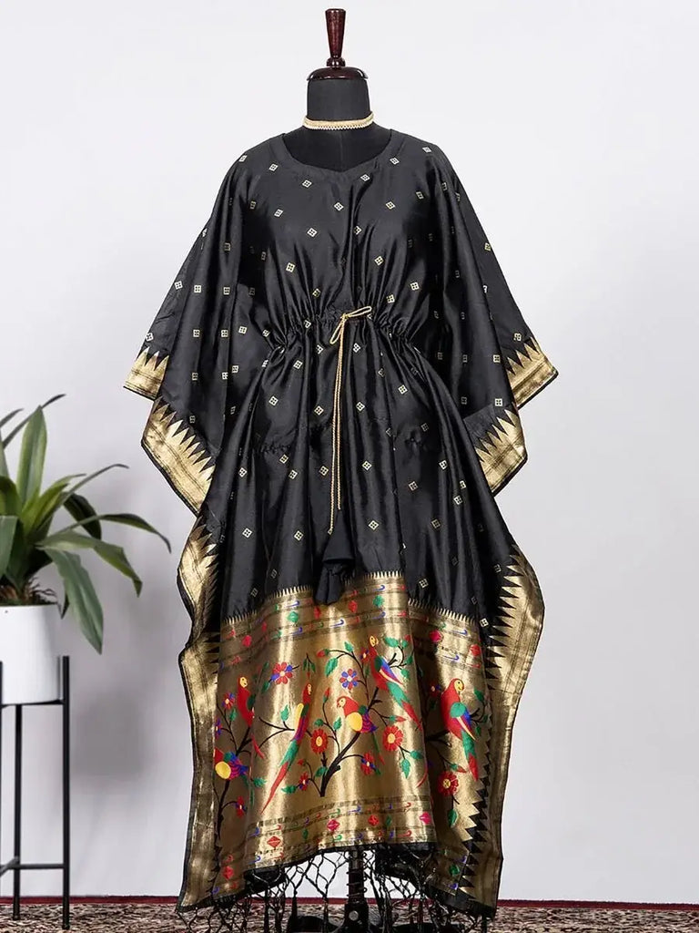 Stunning Black Zari Weaved Paithani Silk Festive Wear Kaftan
