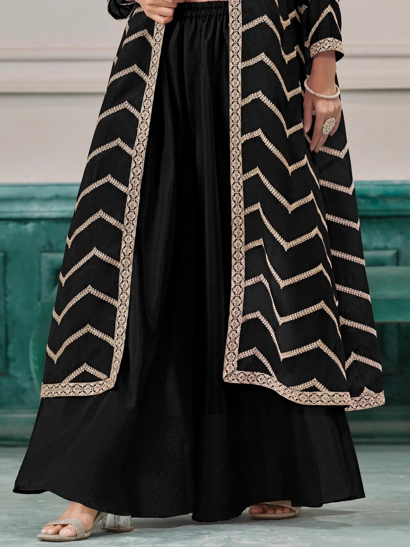 Classy Black Dori Work Chinon Event Wear Palazzo Suit With Jacket