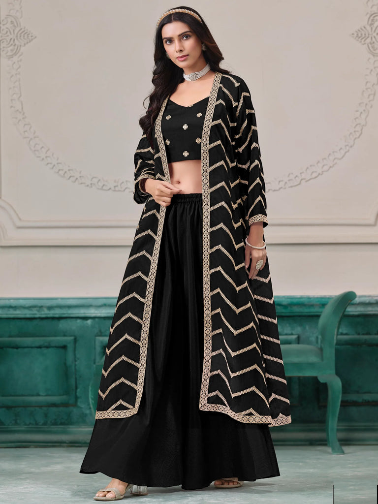 Classy Black Dori Work Chinon Event Wear Palazzo Suit With Jacket