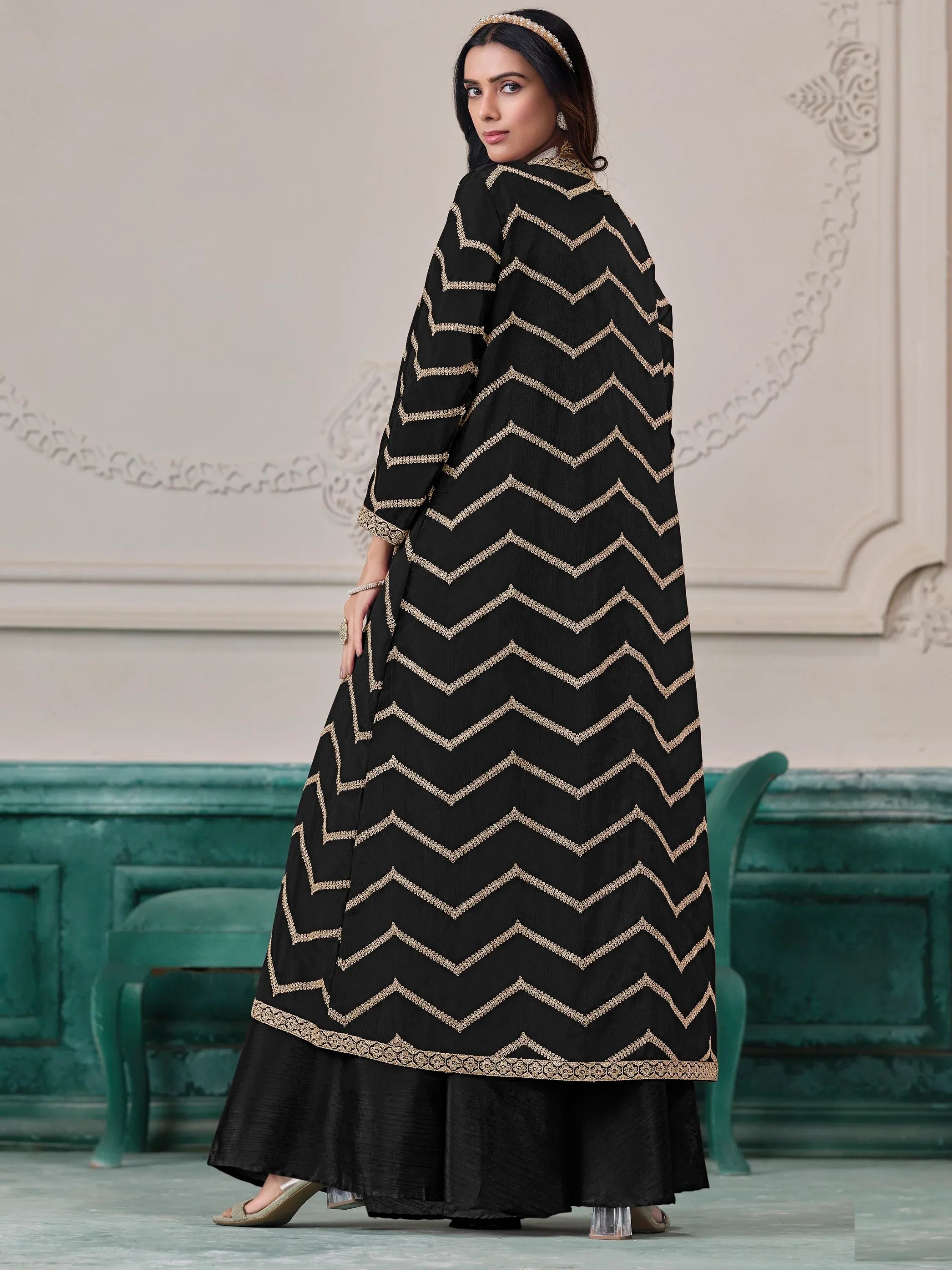 Classy Black Dori Work Chinon Event Wear Palazzo Suit With Jacket