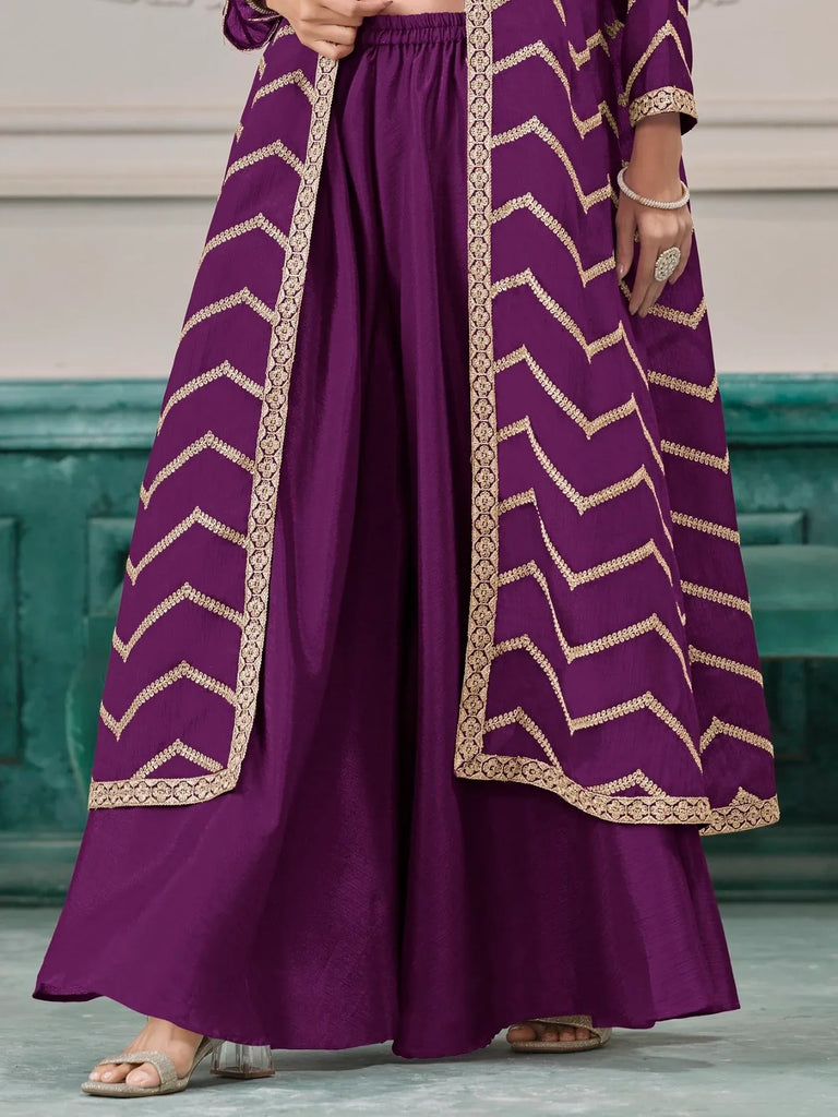 Stunning Purple Embroidered Chinon Festive Wear Palazzo Suit With Jacket