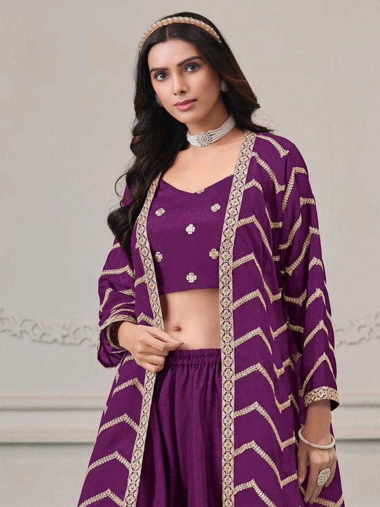Stunning Purple Embroidered Chinon Festive Wear Palazzo Suit With Jacket
